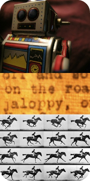"tin robot" by Dirty Bunny @Flickr; "On the Road Manuscript, #2" by Thomas Hawk @Flickr; horse images by Eadward Muybridge DigiStoryBanner_Rounded.jpg